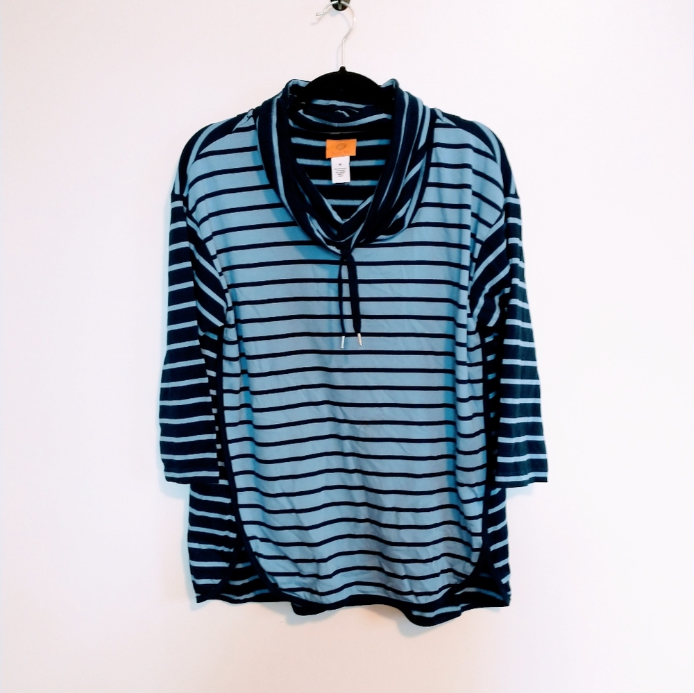 Ruby Rd blue striped cowl neck top with drawstring, size medium